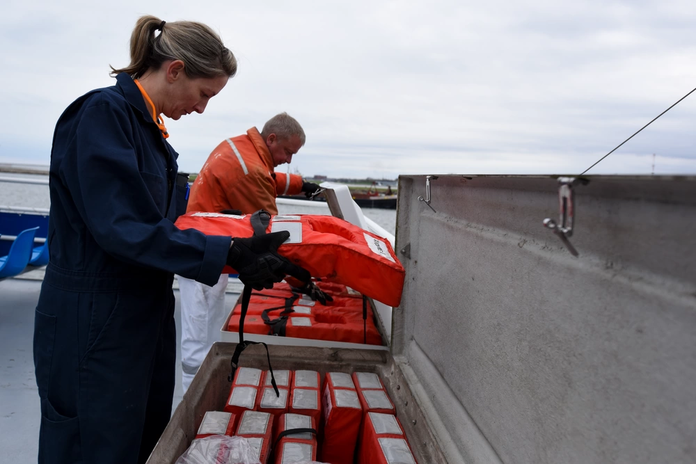 USCG inspects life vests during an annual safety inspection
