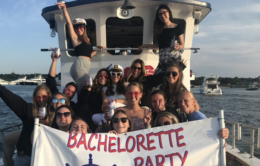 Bachelorettes in pink! Bachelorette party cruise on American Beauty II in Sag Harbor.