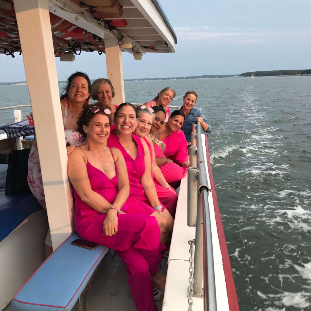 Bachelorettes in pink! Bachelorette party cruise on American Beauty II in Sag Harbor.