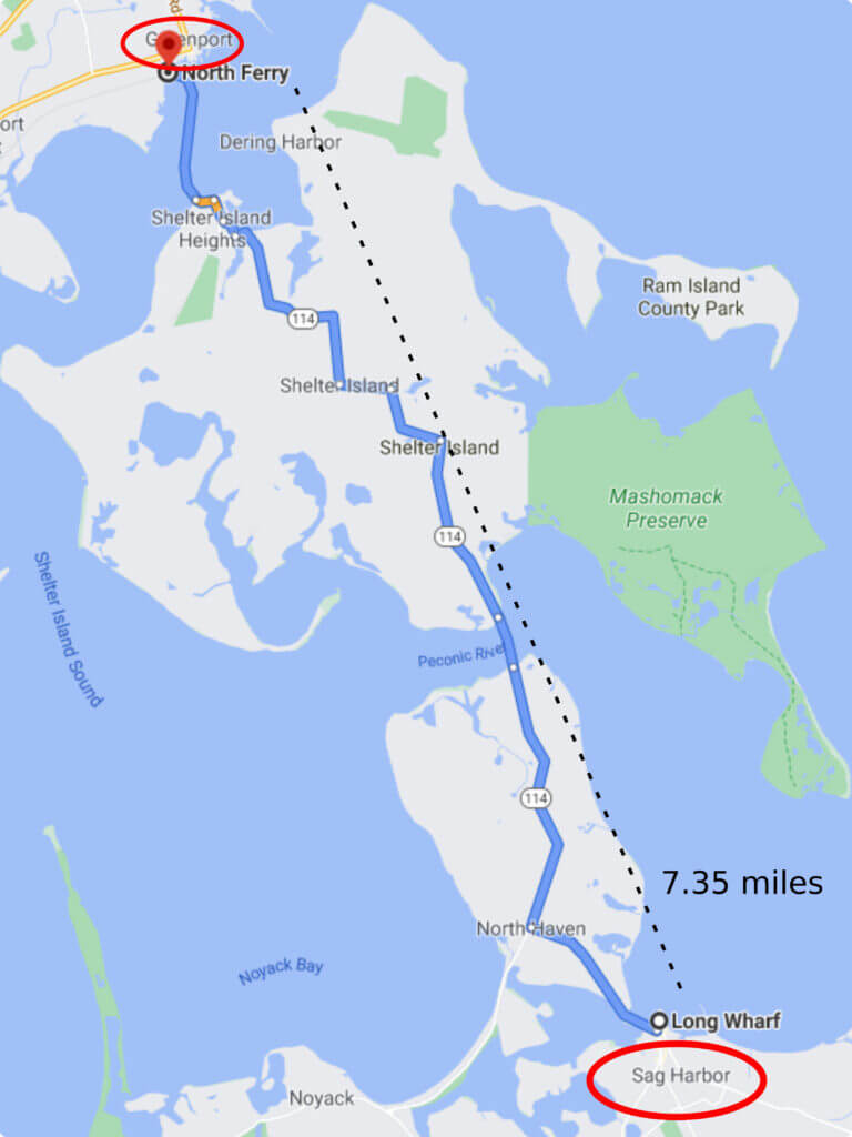 Map showing the trip from Greenport, NY to Long Wharf in Sag Harbor to get to American Beauty Cruises & Charters