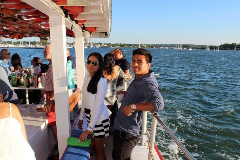 Large group enjoying a private charter sunset cruis aboard American Beauty II on Noyac Bay.