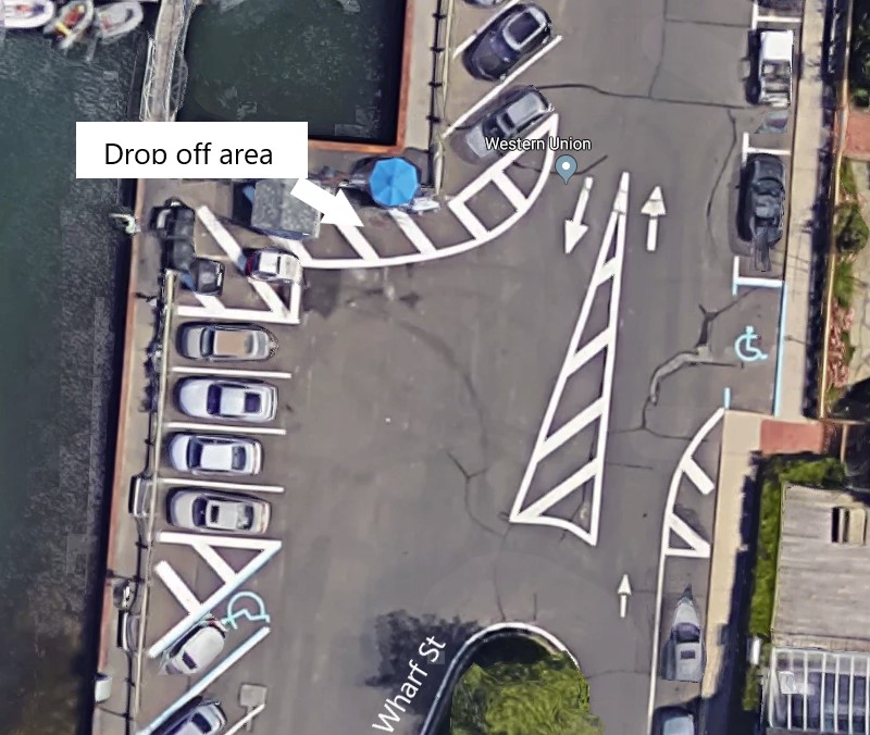Aerial view of American Beauty Cruises & Charters ticket stand on Long Wharf in Sag Harbor