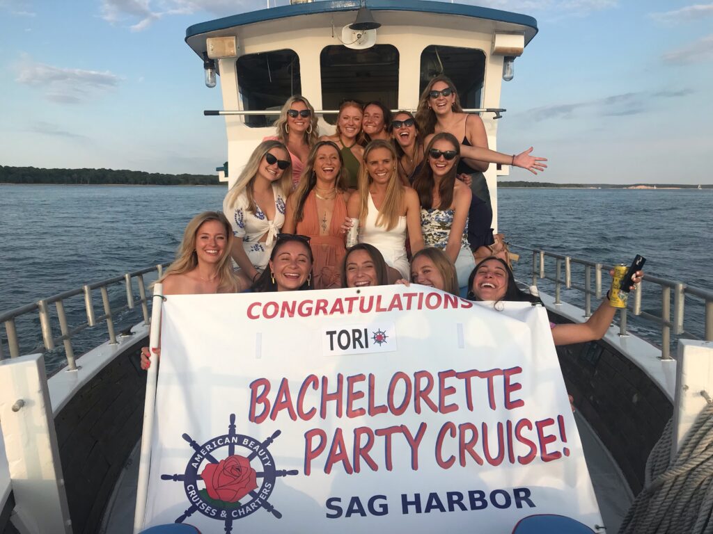 Bachelorette party photo on the bow of American Beauty II in Sag Harbor Bay and Shelter Island Sound