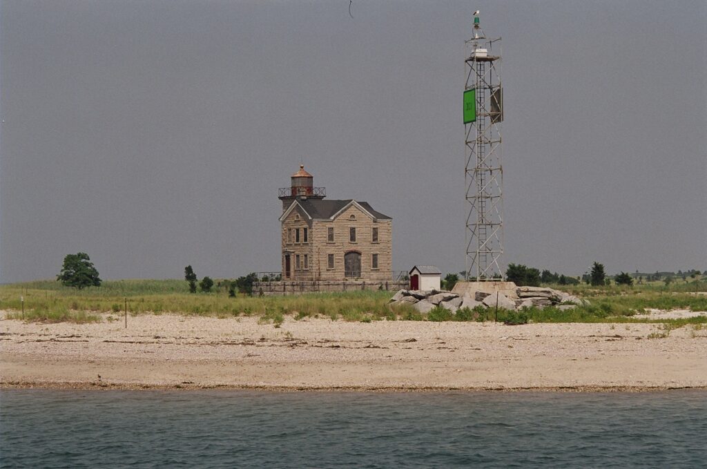 Cedar Point Lighthouse as seen from American Beauty II in Sag Harbor Sound